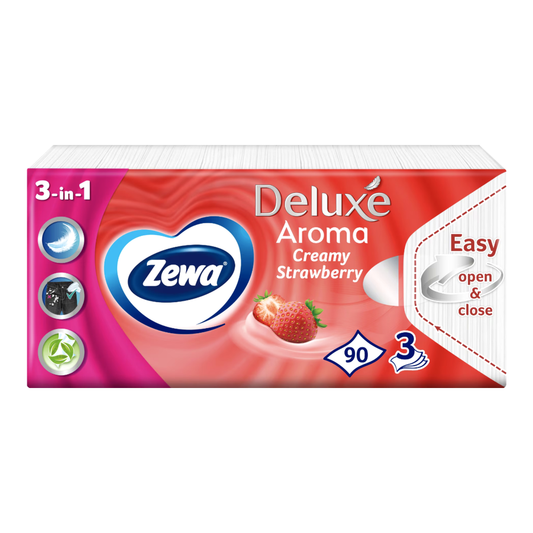 Zewa Deluxe Aroma Creamy Strawberry Papírzsebkendő 90 db – 3 Rétegű, Epres Illattal, Extra Puha
